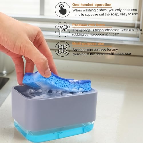 Miniatura 4 de HvOvMvE Juego de dispensador de jabón para platos 2 en 1 para fregadero de cocina, dispensador de jabón de cocina con soporte para esponja, raspador