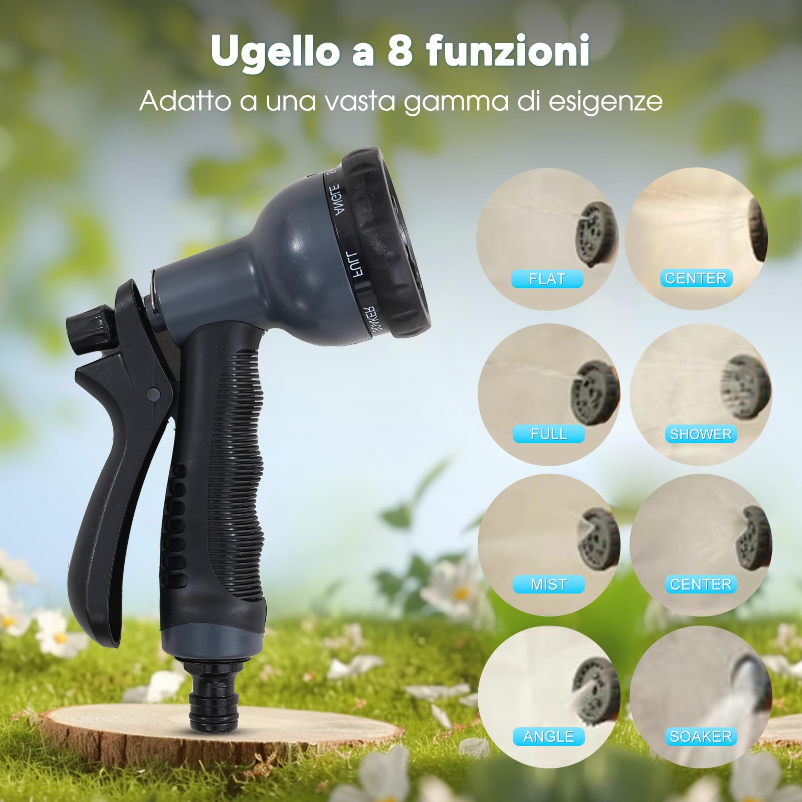 OUTIGO Carrete de Manguera 25m, Rebobinado Automático con Cierre y Soporte Giratorio de 180°, Devanador de Manguera de Agua con Boquilla de 8 Modos para Regar el Jardín y Limpiar e