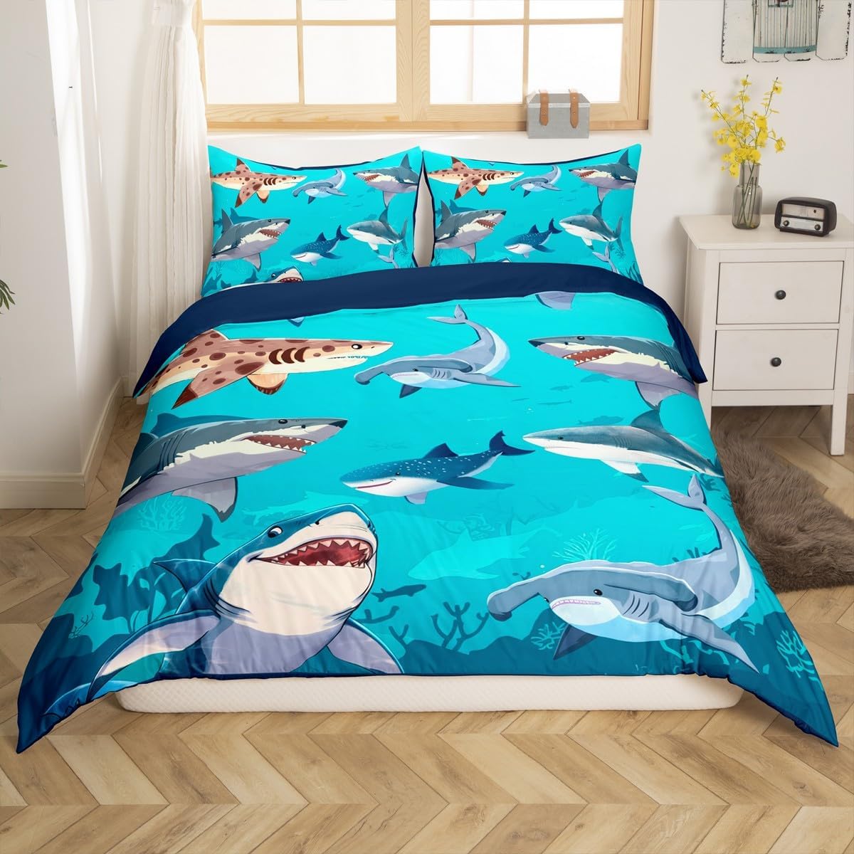jejeloiu Shark Duvet Cover Toddler Size Kids Ocean Sea Animal Comforter Cover Set for Boys Girls Teens Sea Underwater World Bedding Set Breathable Marine Bedspread Cover Aquatic Animal Quilt Cover