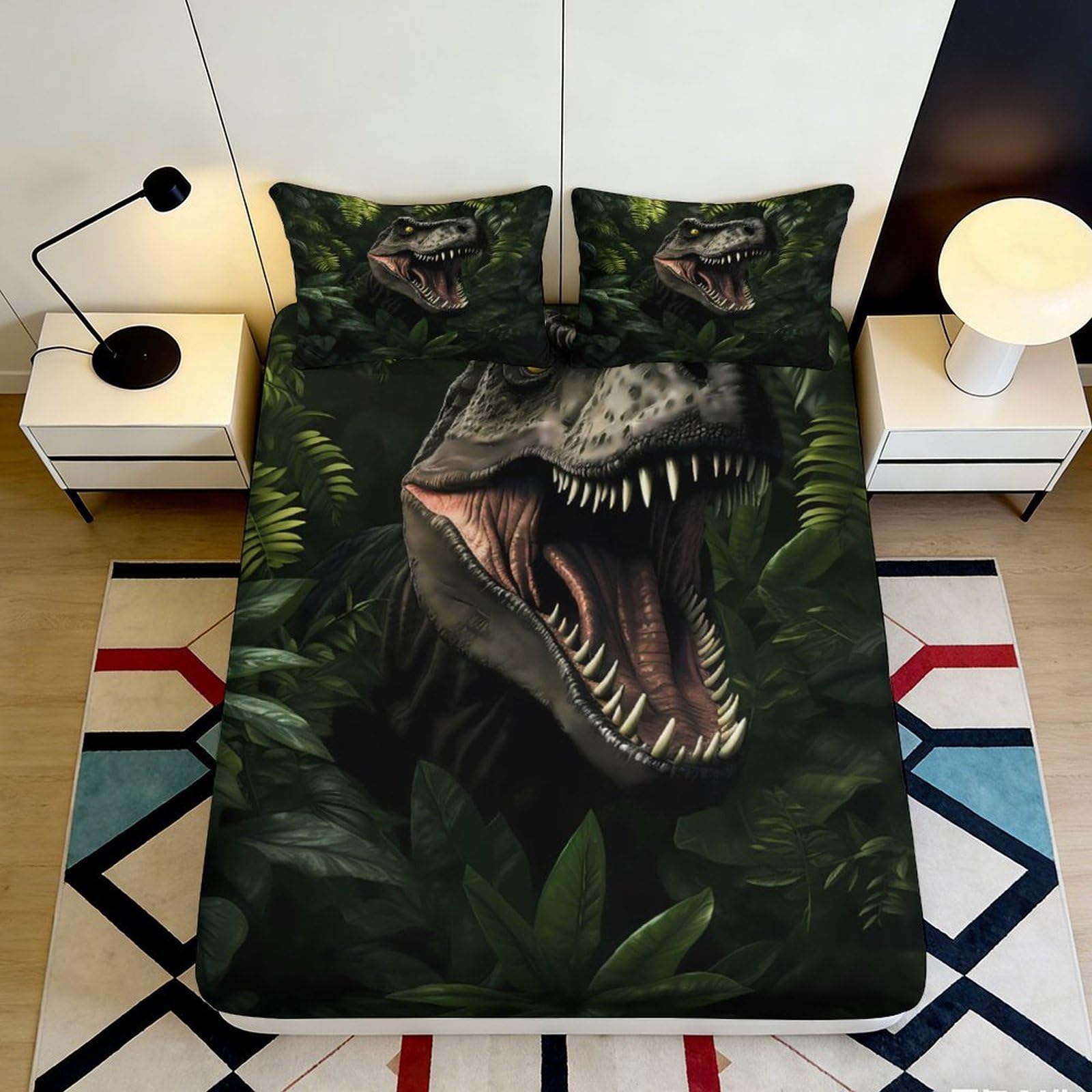 3D Printed Jungle Dinosaur Fitted Sheet Microfiber Soft Breathable T-Rex Bed Cover for Bedroom Guest Room Mattress Protection Decor 180x200x25cm