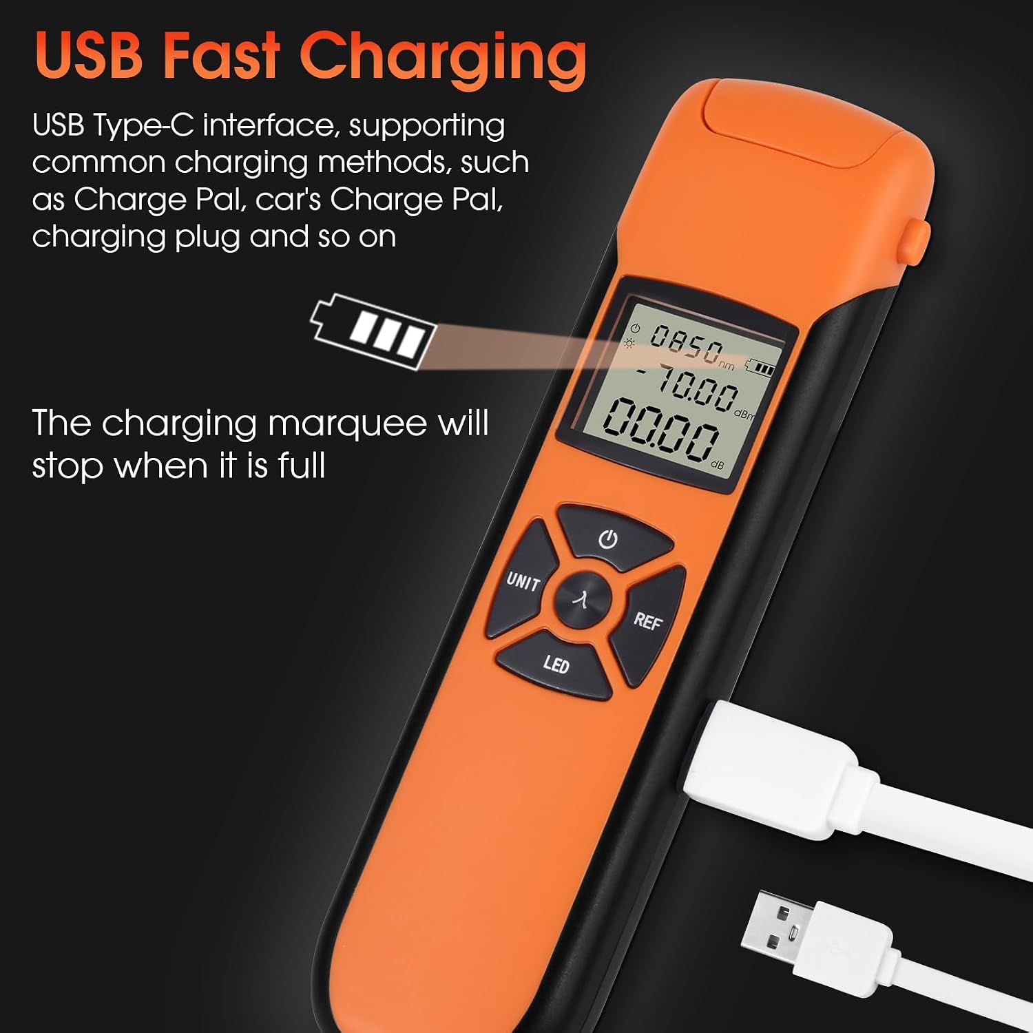 Fiber Tester - Rechargeable Optical Power Meter -70~10dBm with 9 Test wavelengths (USB Type-C Fast Charging)