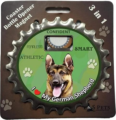 e&s pets pastor alemán abridor de botellas, posavasos y imán