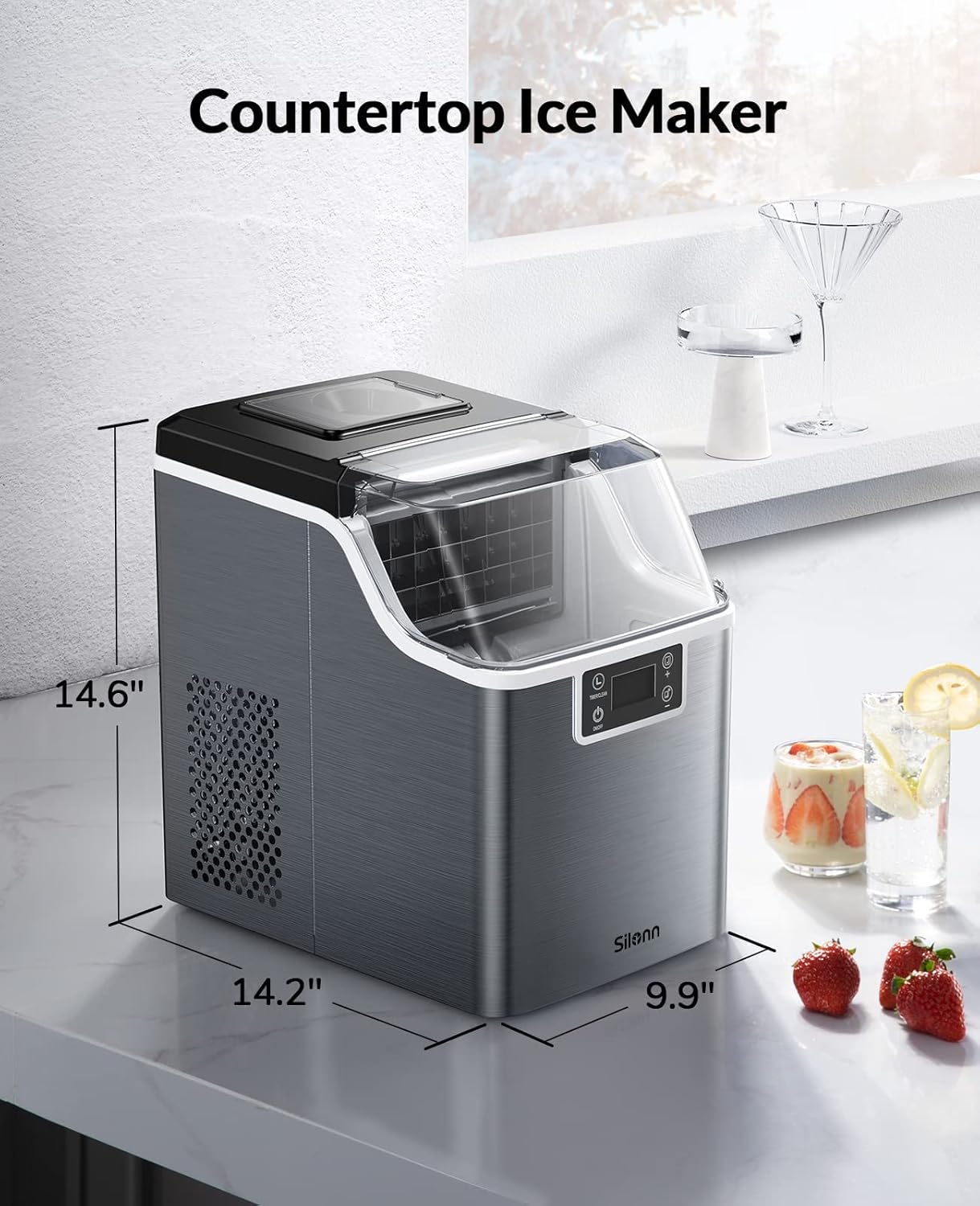 Silonn Ice Maker with dimensions labeled: 14.6 inches height, 14.2 inches width, 9.9 inches depth.