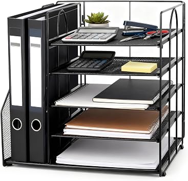 Desk Organiser with File Holder, 5-Tier Paper Tray Organiser, Mesh Desktop Storage with Magazine Holder for Books, Documents, A4 Files, Letter Magazine Tray for Home Office Supplies