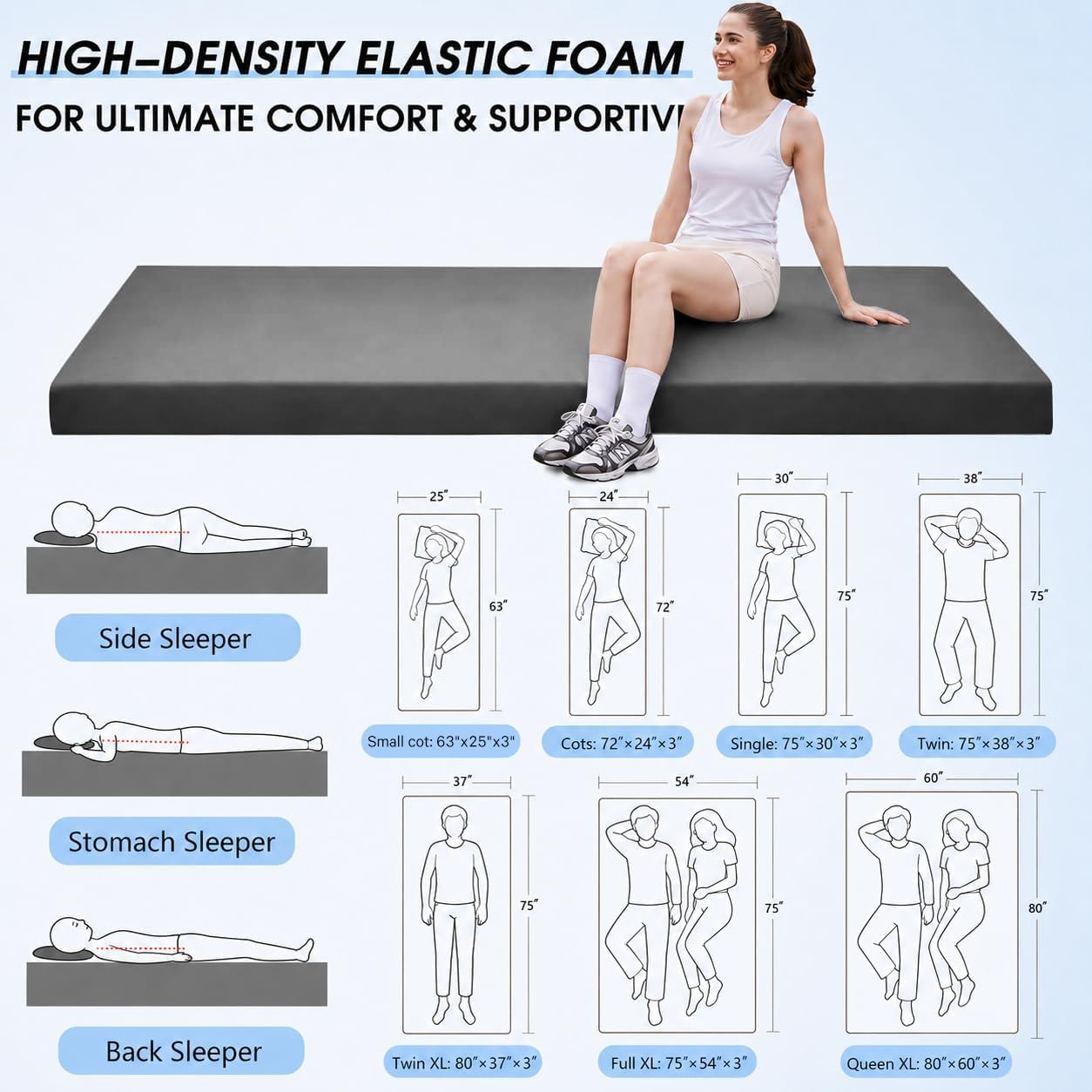 CYMULA 3 Inch Memory Foam Camping Pad, Camping Essentials Roll Up Floor Mat for Car Camping, Cot, Tent, Truck, Travel and Guest Use, Non-Slip Waterproof Bottom, Removable Cover