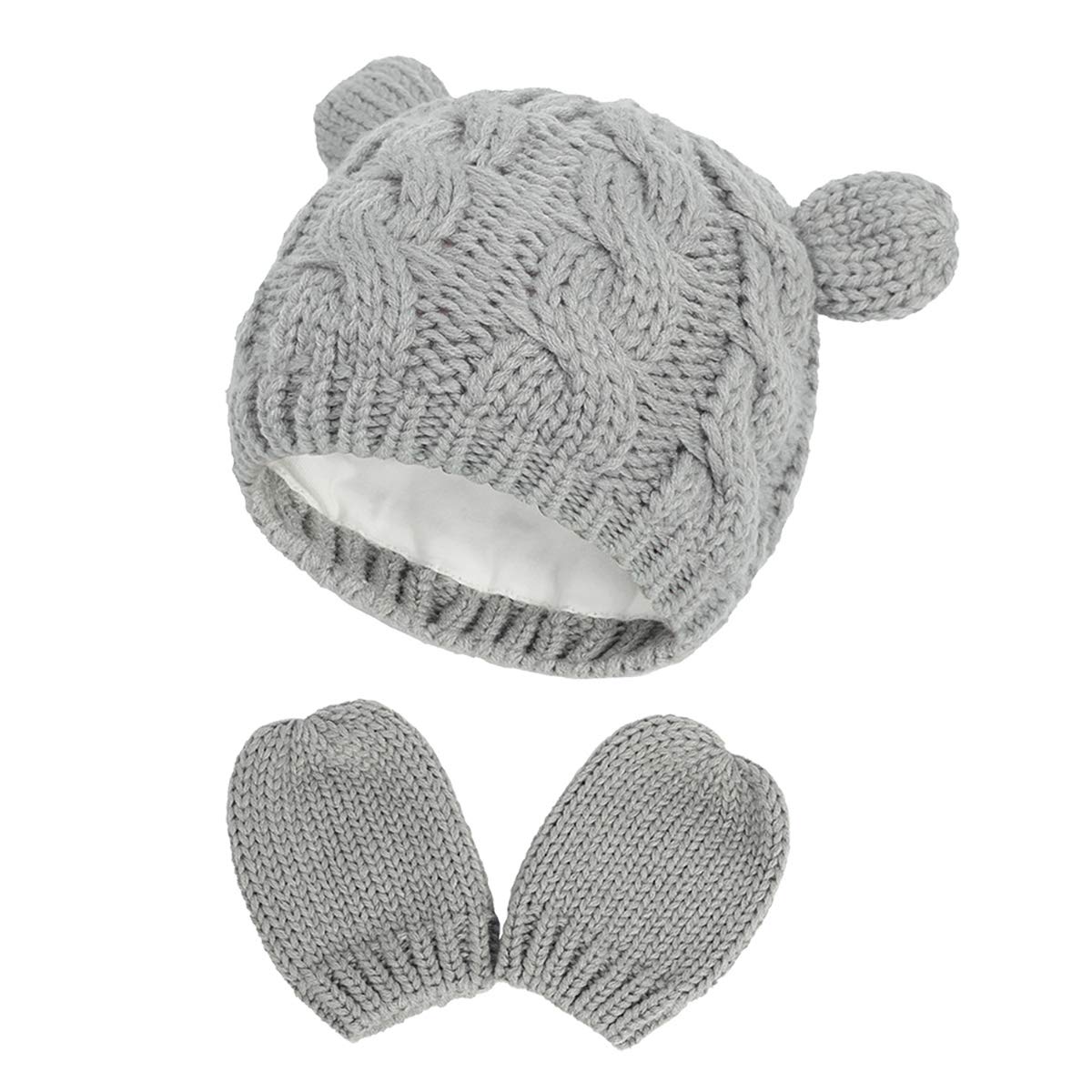 Queenbox Baby Hat Mitten Set Infant Toddler Warm Beanie Knit Bear Cap Gloves Set Dark Gray