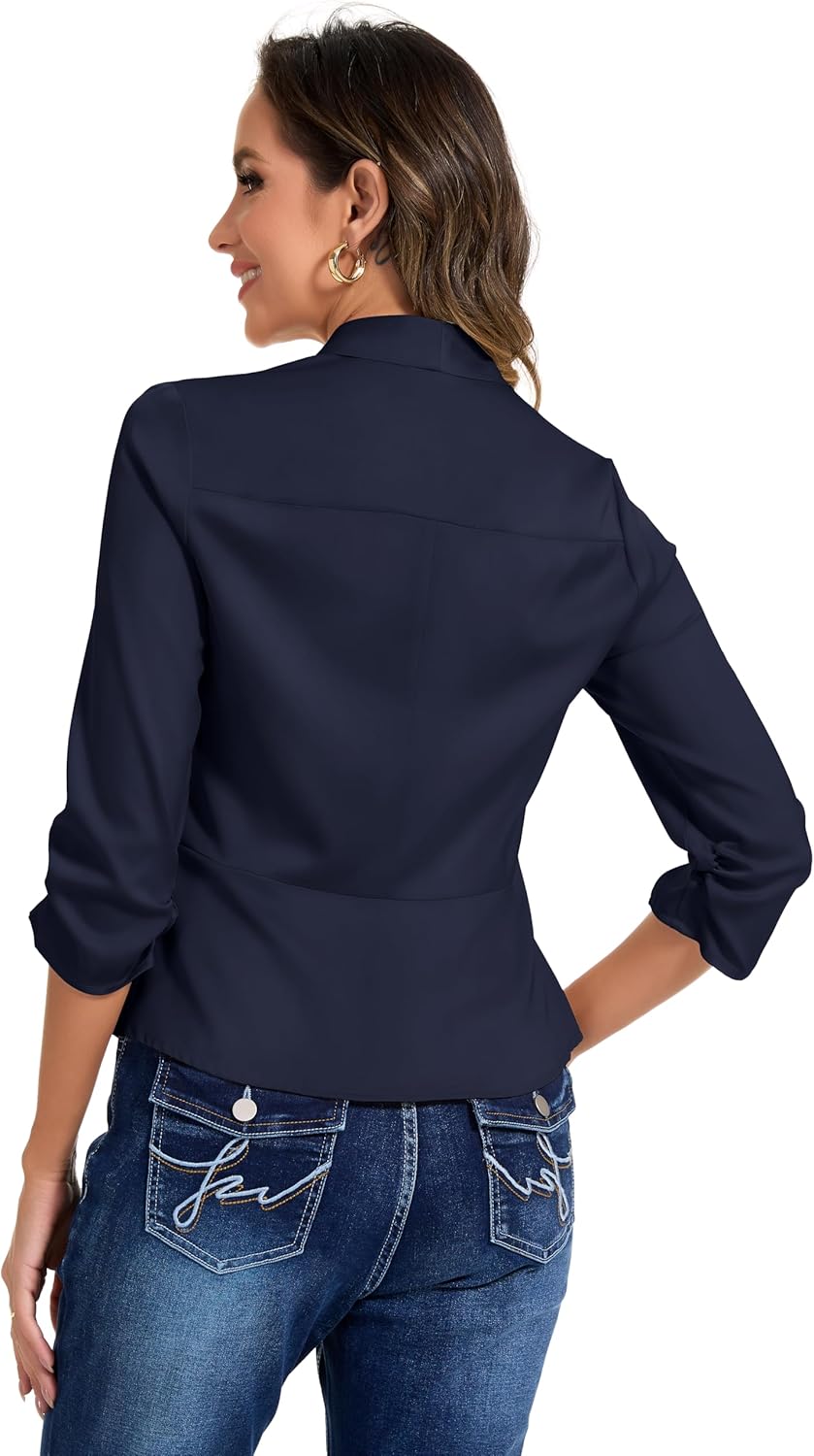 Anienaya Women's Silky Satin Lightweight Blazer 3/4 Ruched Sleeve Casual Cropped Open Front Cardigan - Image 2