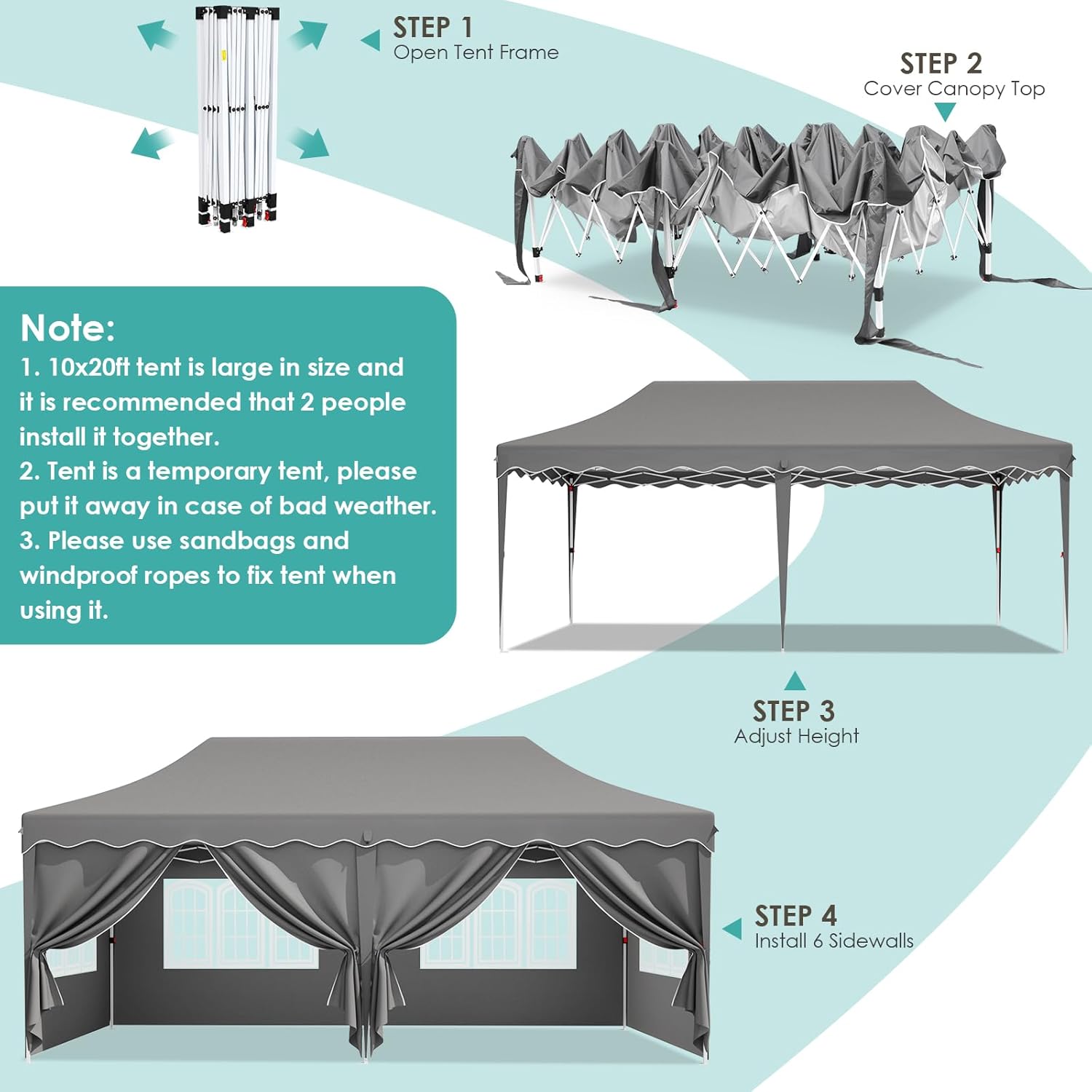 MAMIZO 10x20ft Pop up Canopy Tent w/6 Sidewalls, Heavy Duty Wedding Party Tent, Height Adjustable Large Commercial Gazebo, Instant Sun Protection Shelter W/Upgraded 3 Raised Roofs,Carry Bag (Grey)