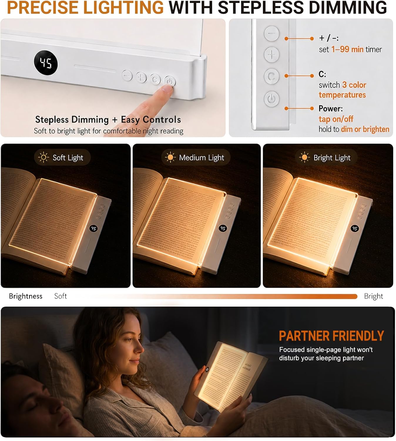 LED Book Light for Reading in Bed at Night, Rechargeable Book Page Light with 3 Color Temperatures, Stepless Dimming, 1-99 Min Timer, Portable Bookmark Light, Night Light for Book Lovers (1, White)