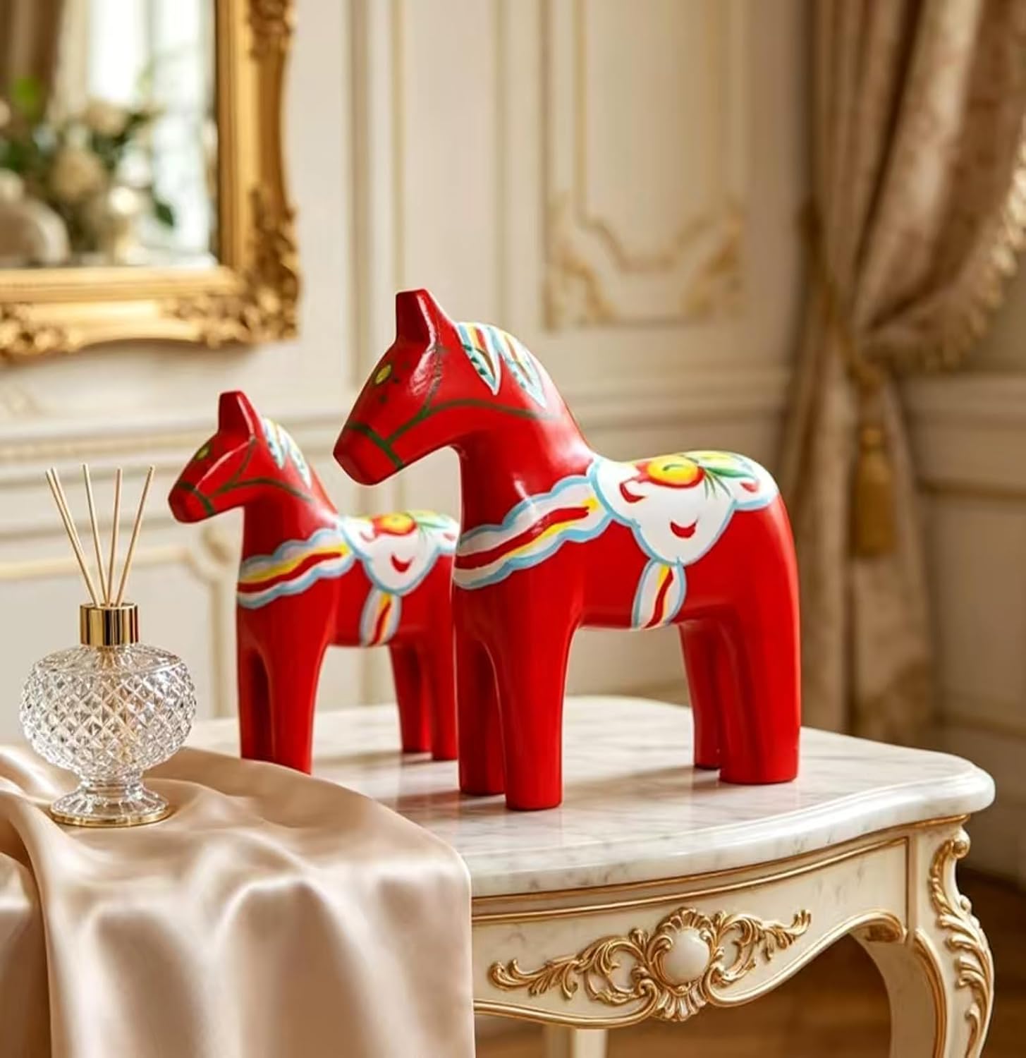 Set of 2 Swedish Wooden Dala Horses Figurine, Dalecarlian Horse Ornament, Color Painting Classical Handicraft, Christmas Ornaments Set