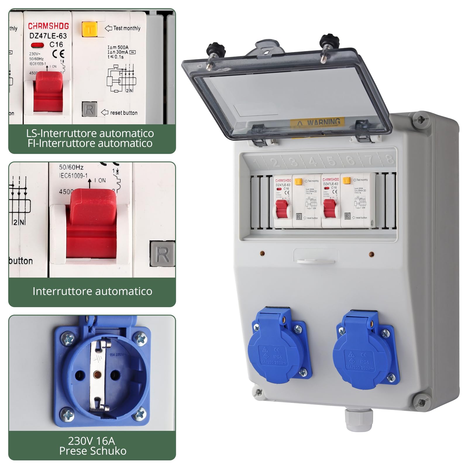 EYPINS Distributore di Corrente da Cantiere,2x 230V,Quadro Elettrico Esterno da Parete,Protezione LS e FI,Impermeabile,per Giardini, Garage, Officina