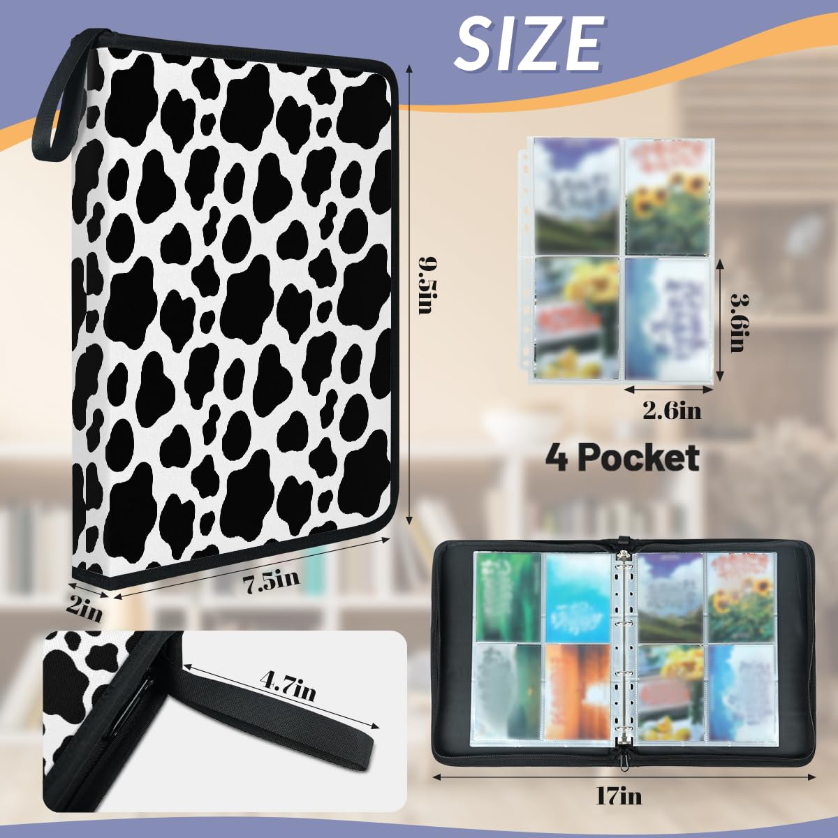 Raccoglitore per carte collezionabili con 4 tasche, con stampa di mucche, con maniche rimovibili, impermeabile, con cerniera, 50 pagine, capacità 400 carte
