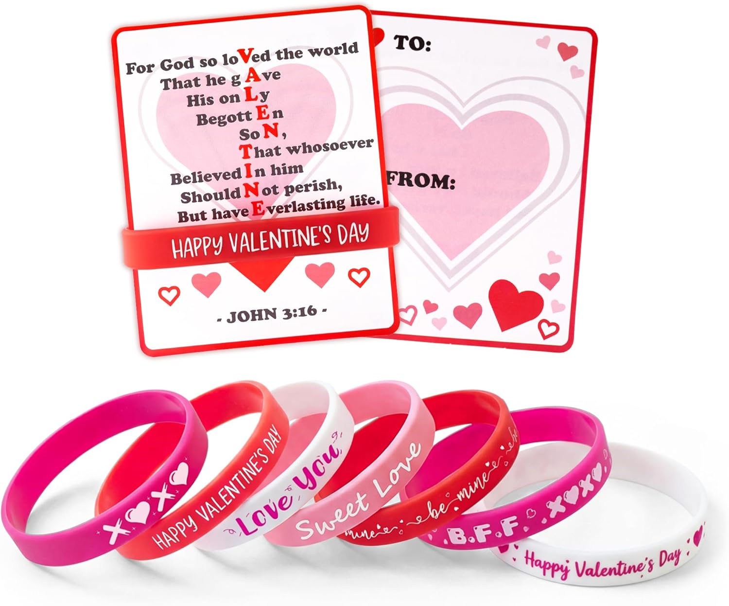 JOYIN 56 Pcs Valentine’s Day Silicone Bracelet with Cards, John 3:16 Rubber Bracelet Valentine Gift, Party Favor Supplies, Classsroom Exchange Prizes, Holiday Reward Gifts