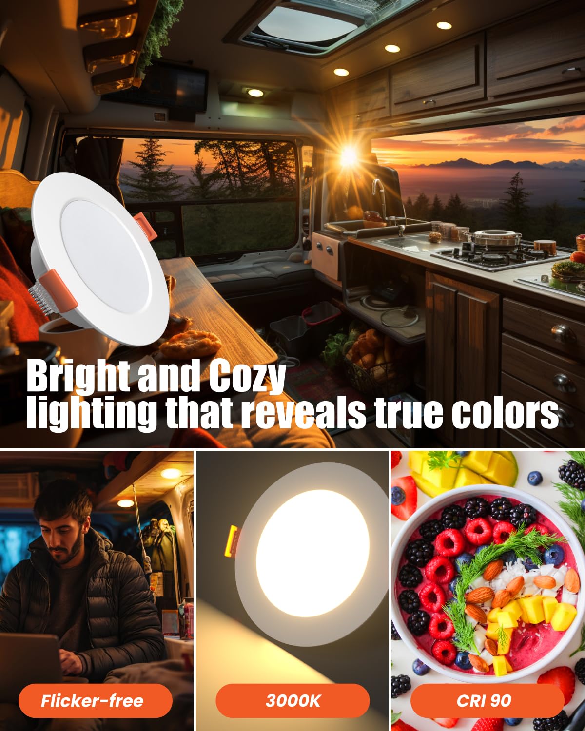 Bonlux Zestaw 2 reflektorów LED do zabudowy, 12 V, możliwość ściemniania, ciepła biel, 3000 K, 3 W, lampa punktowa do zabudowy, ultra płaska lampa sufitowa do łodzi, przyczepy kempingowej, szafy na