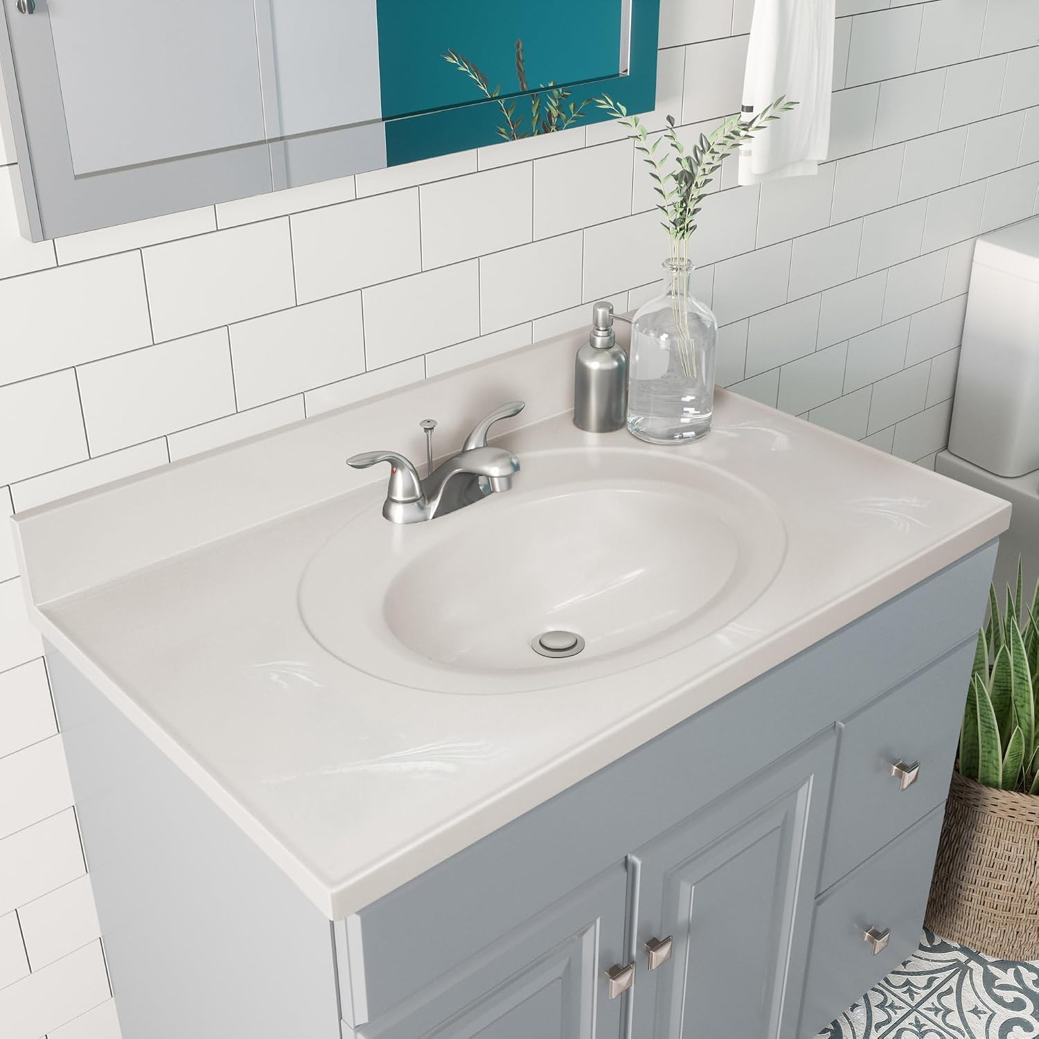 Pemberly Row Cultured Marble Vanity Top, 37" x 22", White on White Ivory Swirl Finish, Integrated Oval Sink with Overflow, Pre-Drilled 4-Inch Centerset, 4-Inch Backsplash, Durable Easy-Clean Bathroom