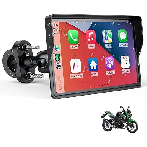 WonVon 7 Inch Wireless Motorcycle Carplay GPS Navigation System with Apple Carplay and Android Auto Portable Screen with Dual Bluetooth, Navigation, Siri, Google Assistant with Magnetic Mount