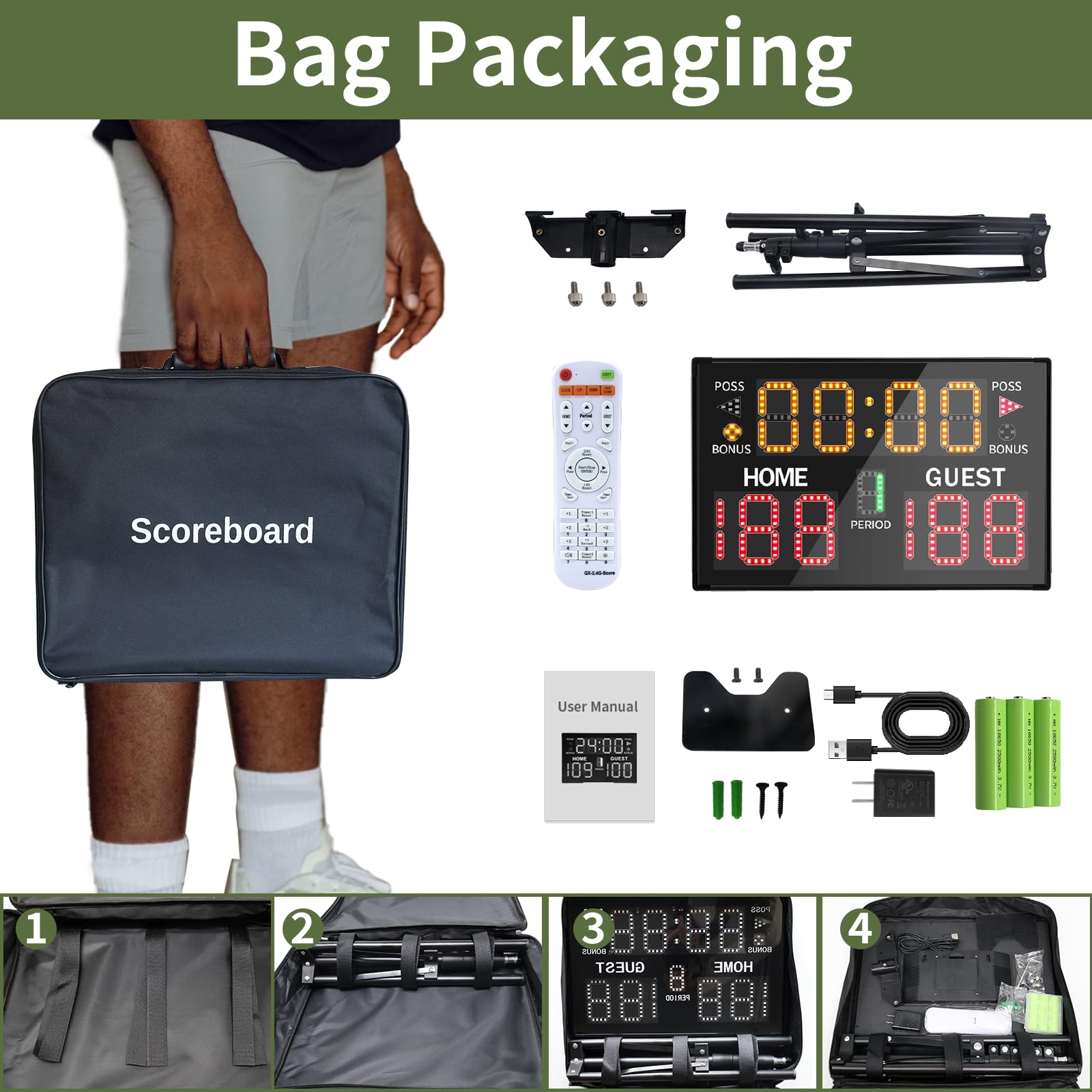 GAN XIN Battery Powered Electronic Scoreboard with Bag&Tripod, Digital Scoreboard with Wireless Remote,Portable Score Keeper High-Bright Score Board for Sports Games