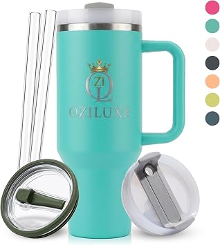 40oz Tumbler with Handle | 2 Lids and 2 Straws Flip + Sip | Vacuum Insulated Coffee Tumbler for Hot and Cold | BPA Free Stainless Steel Travel Mug | Leak Resistant Light Blue