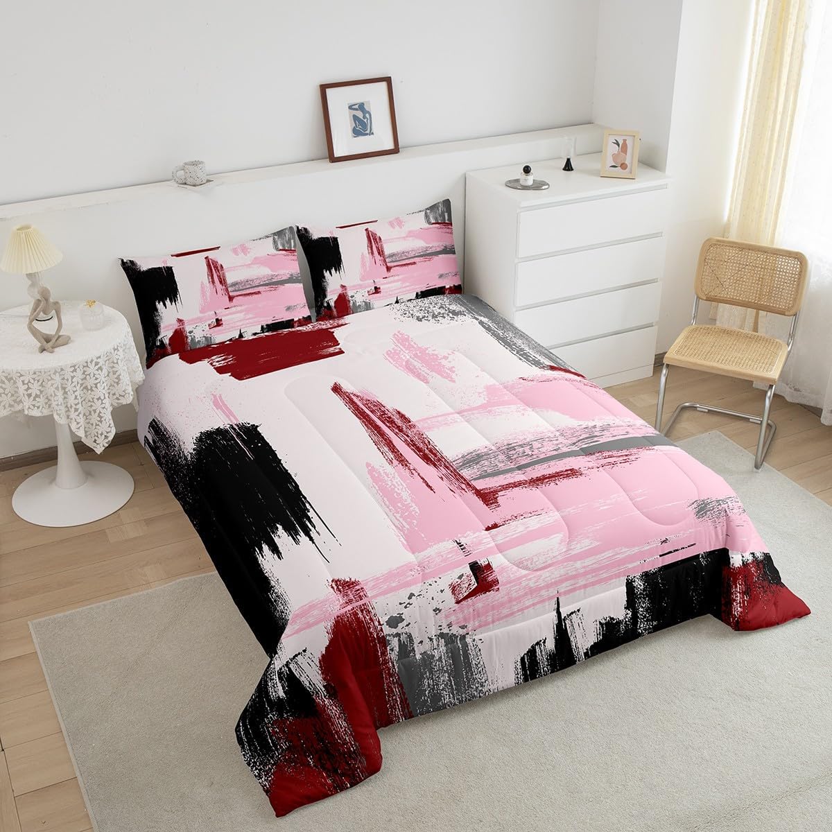 Erosebridal Abstract Comforter Set King,Modern Pink Red Black Bedding Set for Girls Boys Adult,Watercolor Ombre Bed Set,Oil Painting Style Duvet Set,Contemporary Art Reversible Quilt Comforter 3Pcs