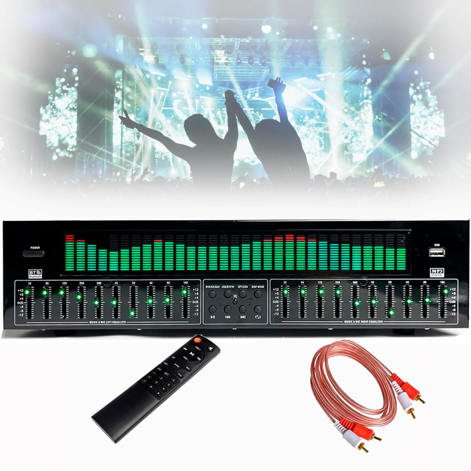 31 Bands Graphic Equalizer, Professional EQ Equalizer Digital Audio Processor with Remote Control & Audio Cable, Bluetooth 5.4 Optical Coaxial Digital Audio Decoding, for Stage, Recording Studio