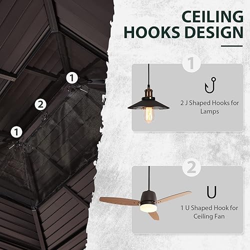 Miniatura 7 de MELLCOM Cenador de 10 x 13 pies, toldo con marco de aluminio de grano de madera con techo rígido de acero galvanizado doble, pabellón de metal