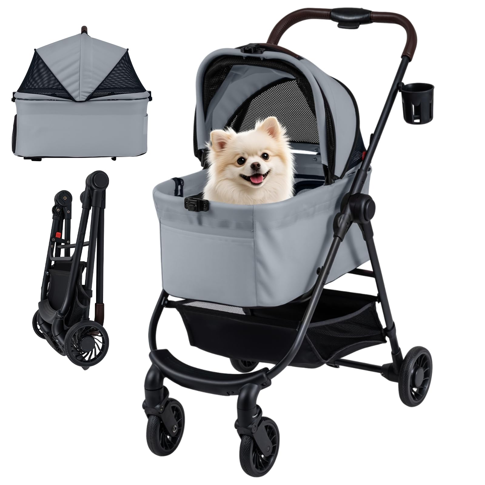 Maxmass 3 in 1 Foldable Pet Stroller, 4 Wheel Dog Pushchair with Detachable Car Seat Carrier, Adjustable Canopy, Storage Basket, Cup Holder, Travel Dog Buggy Pet Pram for Small Dogs Cats (Grey)