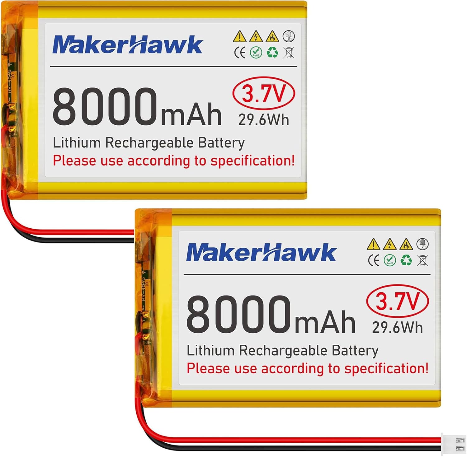 MakerHawk 3.7V LiPo Battery 8000mAh 126090 Rechargeable 1S Polymer Battery with Protection Board Insulated Rubber Tape, JST2.54 Connector for Raspberry Pi Arduino ESP32 Development Board (2 Pack)