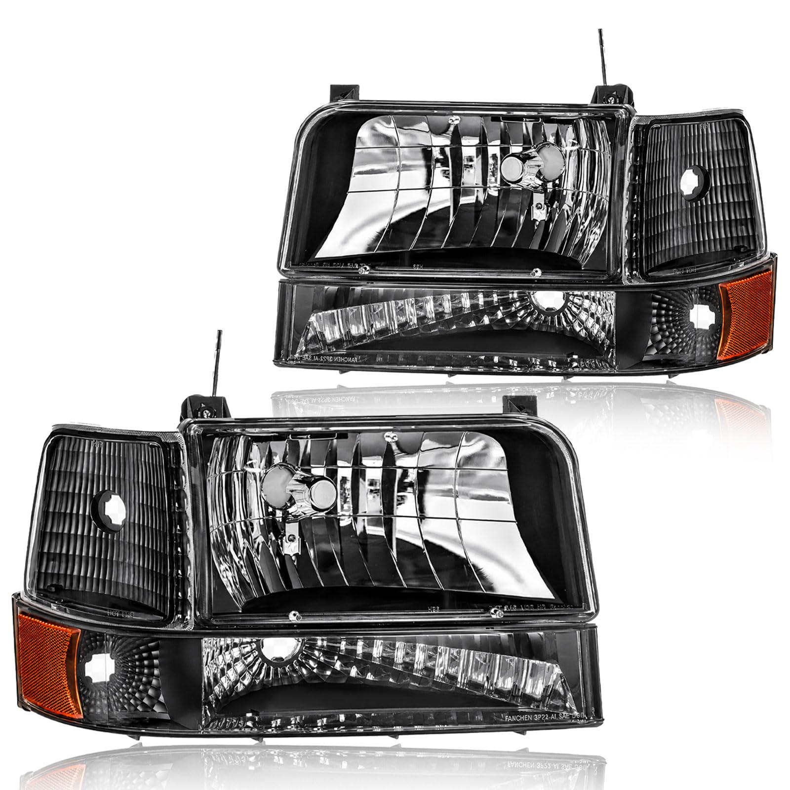 Headlight Assembly, Headlights Kit Compatible with 1992-1996 Ford F150 F250 F350/1992-1996 Bronco Replacement Headlamp Bumper Lamp Set Black Housing Amber Reflector