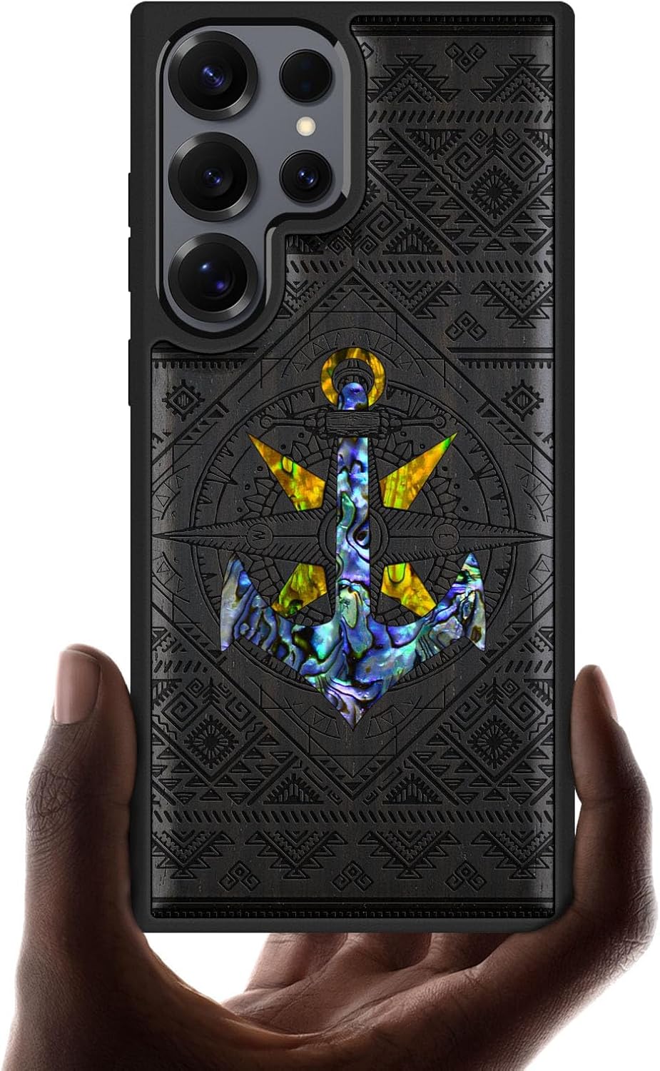 Carveit Magnetic Wooden Case for Samsung Galaxy S25 Ultra Case, Wood Artisan Engraved & Handmade Shell Inlaid, Compatible with MagSafe Wireless Chargers (Nautical Ensemble Amidst) Blackwood