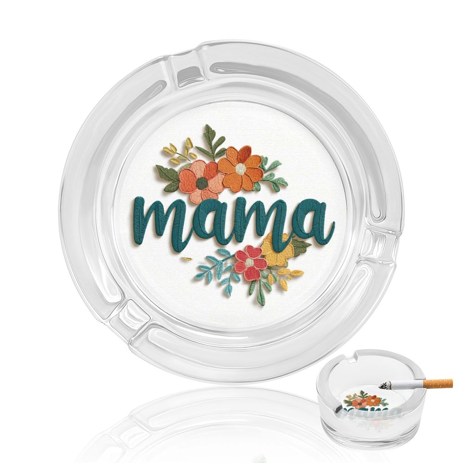 Word Mama in Embroidered with Flowers Glass Ashtray for Cigarettes Portable Decorative Ash Trays for Home Office Decor