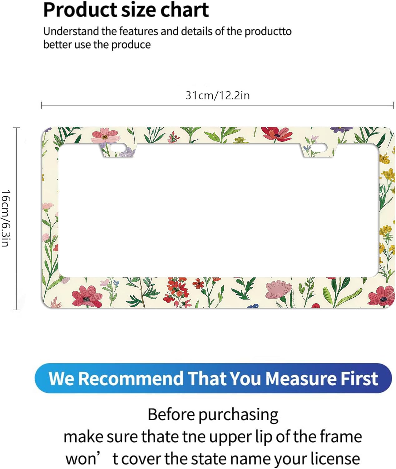 Colorful Wildflowers License Plate Frames - 2 Pack 2 Holes Stainless Steel Metal Auto Car Accessories Decoration License Plate Frame Cover 12.2" x 6.3" for Women Men