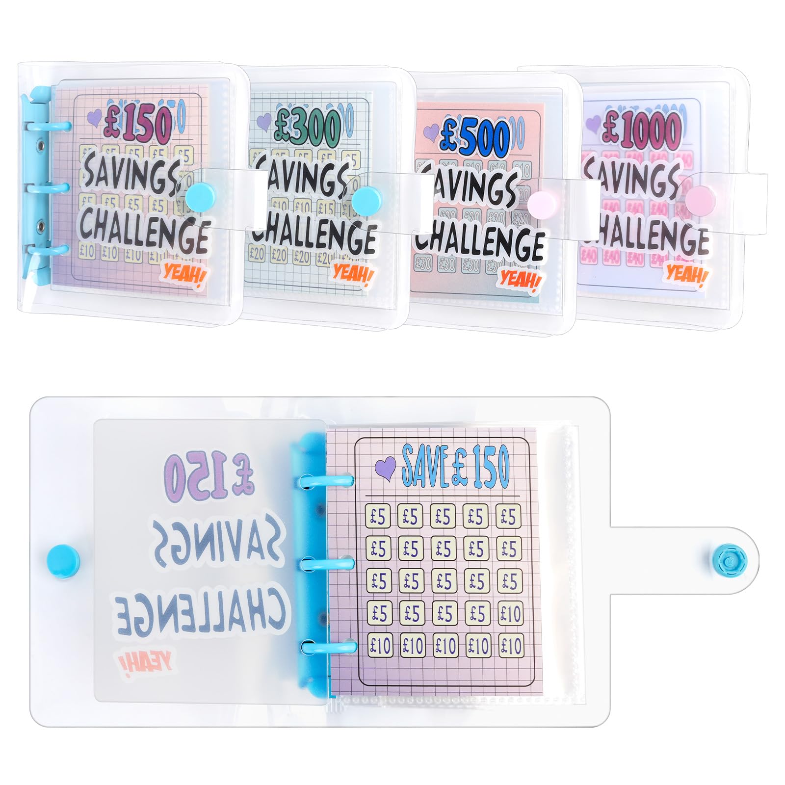 Supkiir 4 Pcs Mini Money Saving Binder, £1000, £500, £300 & £150 Savings Challenge Book with Money Envelopes, Portable Budget Binder for Planning, Cash Budgeting Office Home School