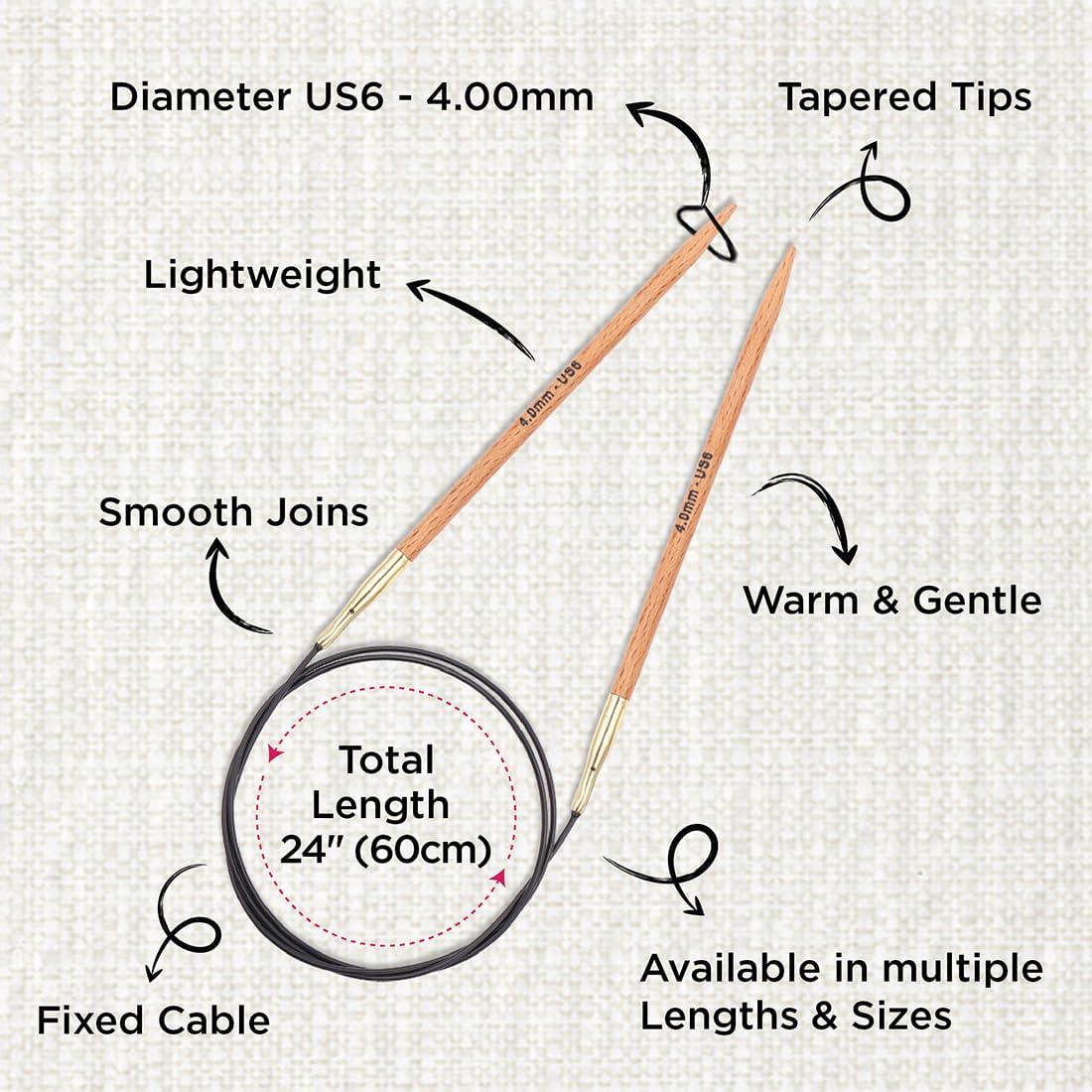 KnitPro Basix Beech Fixed Circular Needles 24" (60cm) | US Size 6 (4mm)
