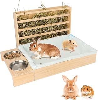 3 in 1 Rabbit Hay Feeder with Litter Box and Bowls Wooden Bunny Feeding Manger Small Animal Hay Holder Rack Toilet for Small Pets Guinea Pig Bunny Hamster Reduces Waste Hay