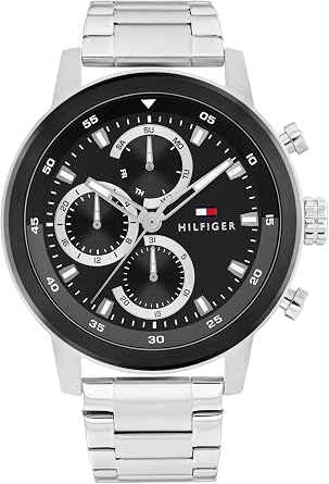 Tommy Hilfiger Men's Sporty Watch   Quartz Multifunction, Stainless Steel Case, Sunray Dial with Stick Indexes and CD-Textured Sub-Eyes, Oversized Crown, Link Bracelet   Gift for Him