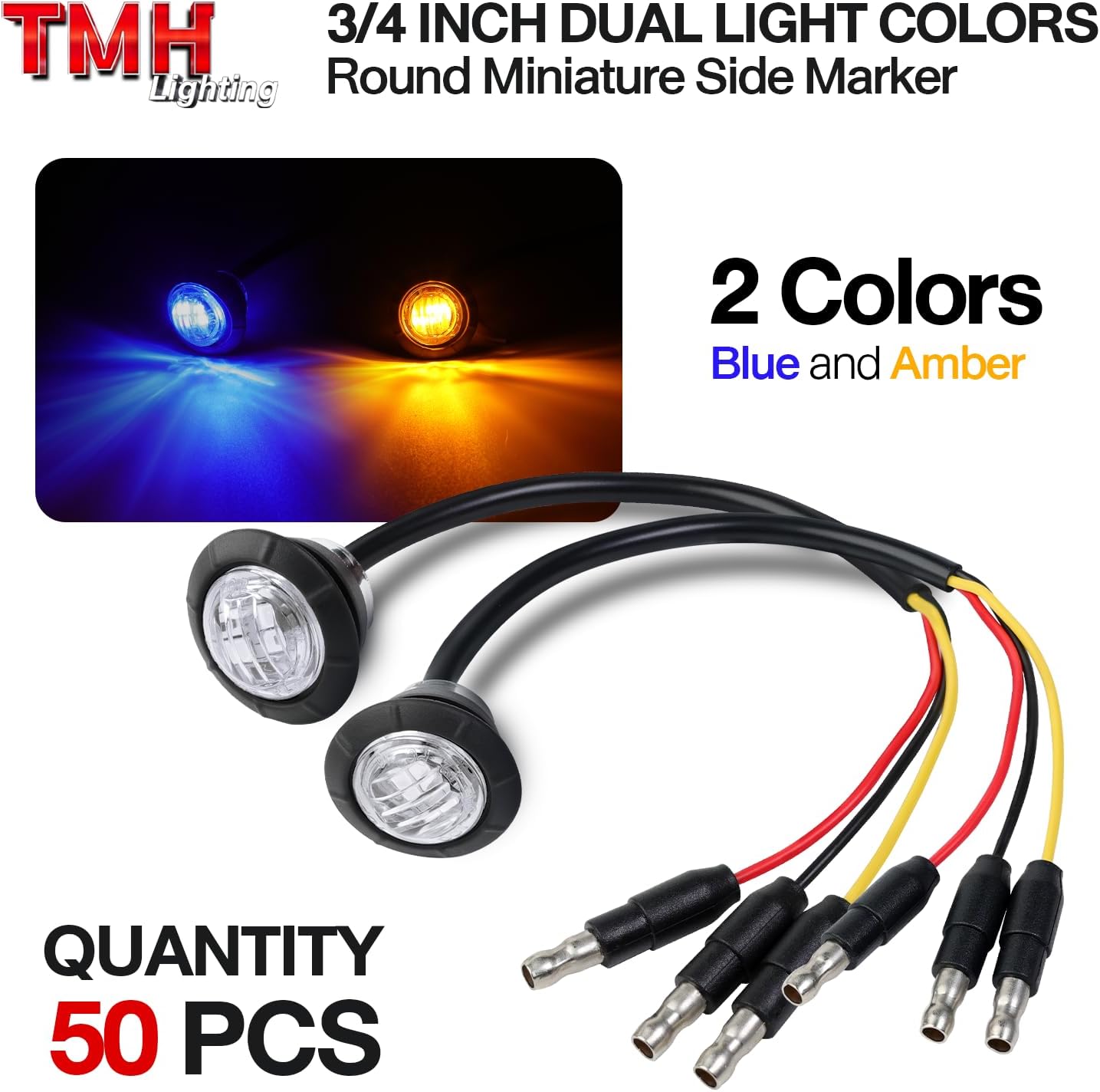 TMH 50 Pcs Dual Color Marker Light of Amber to Blue with Connector Plug - Turn Stop Signal Auxiliary, Side Marker Clearance Bullet Lights for Trailer Truck Pickup RV