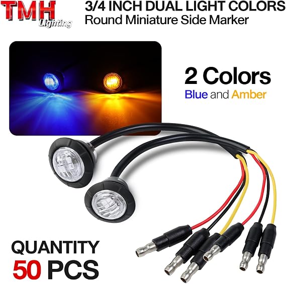 TMH 50 Pcs Dual Color Marker Light of Amber to Blue with Connector Plug - Turn Stop Signal Auxiliary, Side Marker Clearance Bullet Lights for Trailer Truck Pickup RV