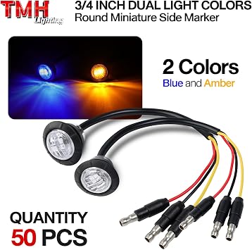 TMH 50 Pcs Dual Color Marker Light of Amber to Blue with Connector Plug - Turn Stop Signal Auxiliary, Side Marker Clearance Bullet Lights for Trailer Truck Pickup RV