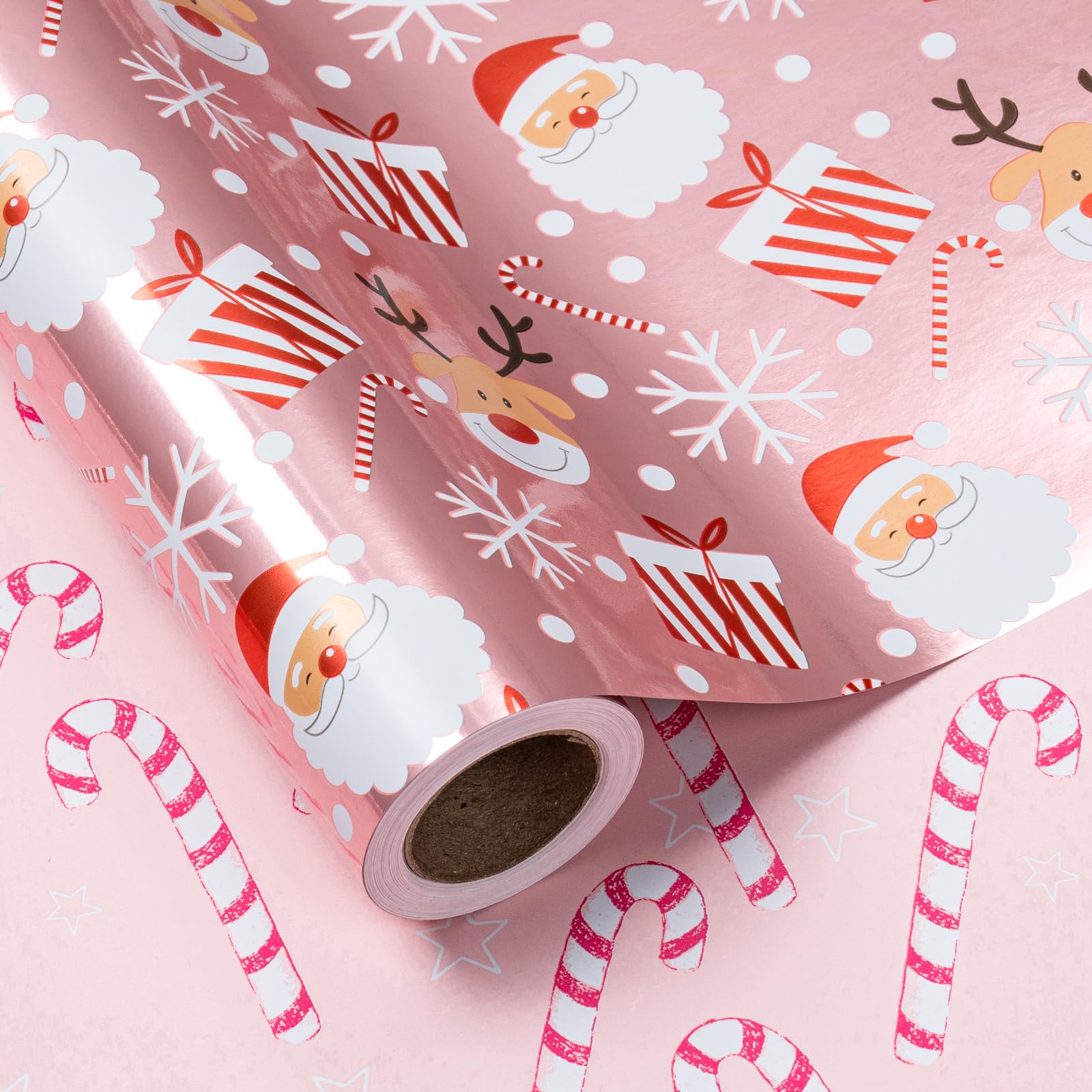 LeZakaa Wendbares Weihnachts-Geschenkpapier-Rolle – Metallfolie mit Weihnachtsmann und Zuckerstange in Pink – 43,2 cm x 32,8 Fuß (46,45 m²)