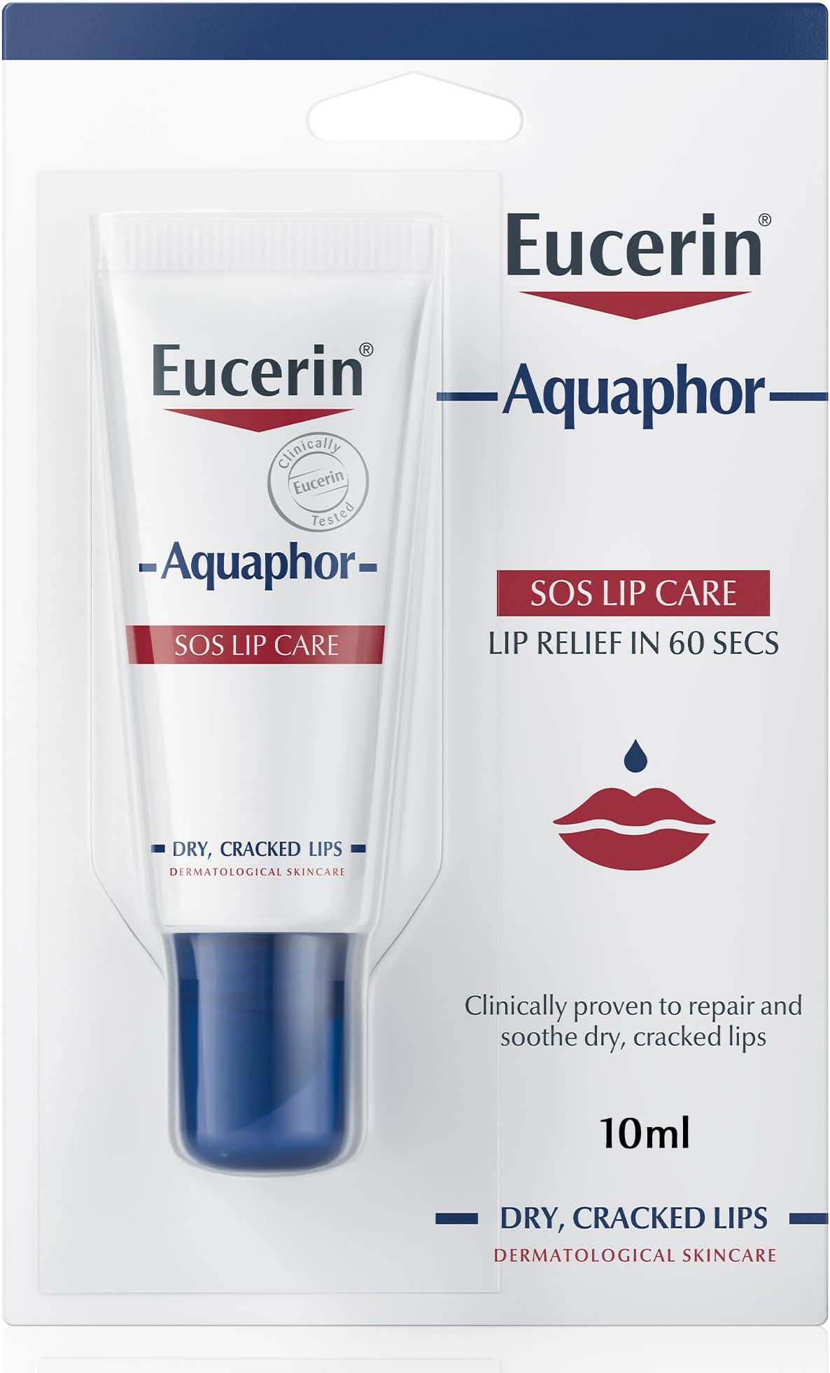 Eucerin Aquaphor SOS Lip Repair Lip Balm, Immediate 60-Seconds Lip Care and Relief, Moisturizing Effect for Dry and Cracked Lips, 10ml