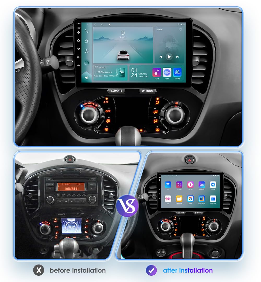 Ossuret Autoradio pour Nissan Juke (2010-2014), 9 Pouces Android 14 écran Tactile 2+32 Go Navigation GPS avec Carplay Android Auto WiFi Bluetooth Commande au Volant USB
