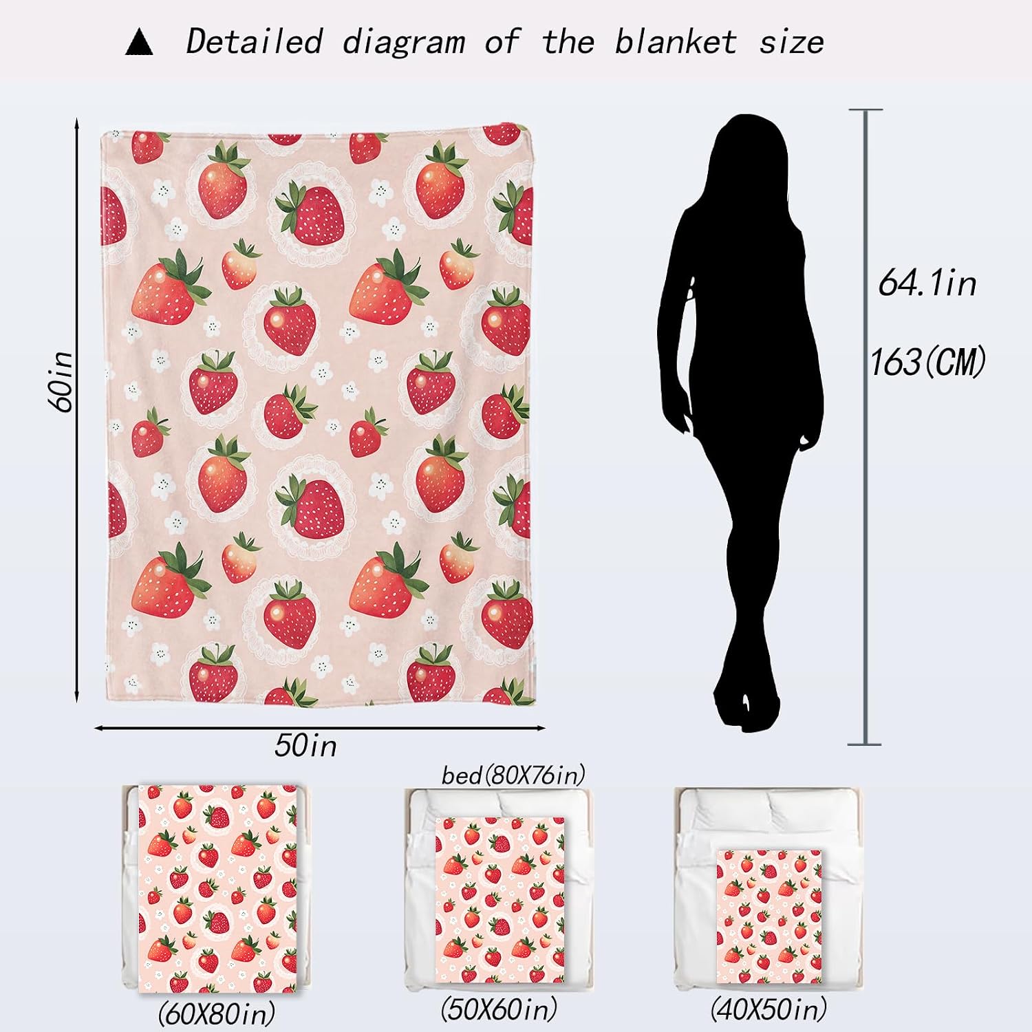 Red Strawberry Blanket - Sweet Berry Pink Fleece Throw,Gifts for Kids Girls, Soft & Warm,Lightweight, for Modern Kitchen Decor, Fruit Lovers, and Room Home Accents 50x60in