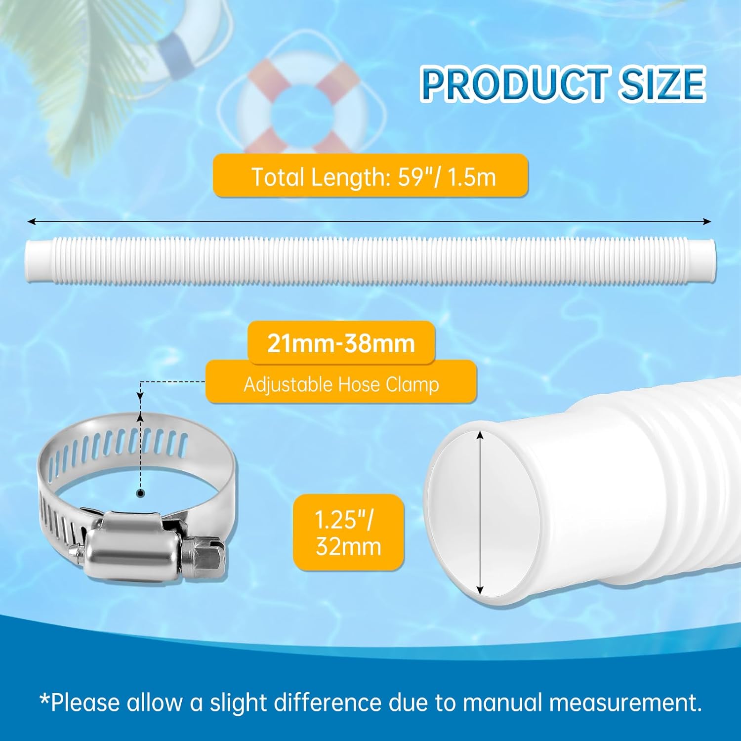 1-1/4" Pool Hose for Above Ground Pool, 1.25" x 59" Replacement Pool Pump Hose Compatible with Coleman In-tex Filter Pump 603 637 (4 Pack + 8 Clamps, White)