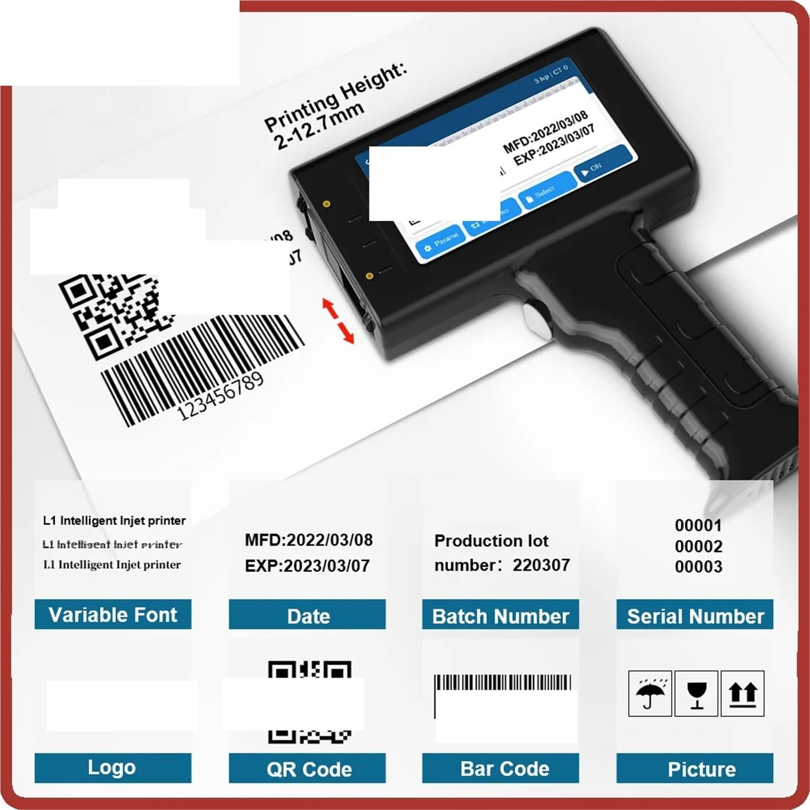 Imprimante Jet d'encre Portable, Imprimante D'étiquettes Portable À Jet d'encre, 12 Pouces, 7mm, Code Barres QR, De Lot, Date, Numéro D'expiration, Codage pour Le Verre,pour l'étiquette