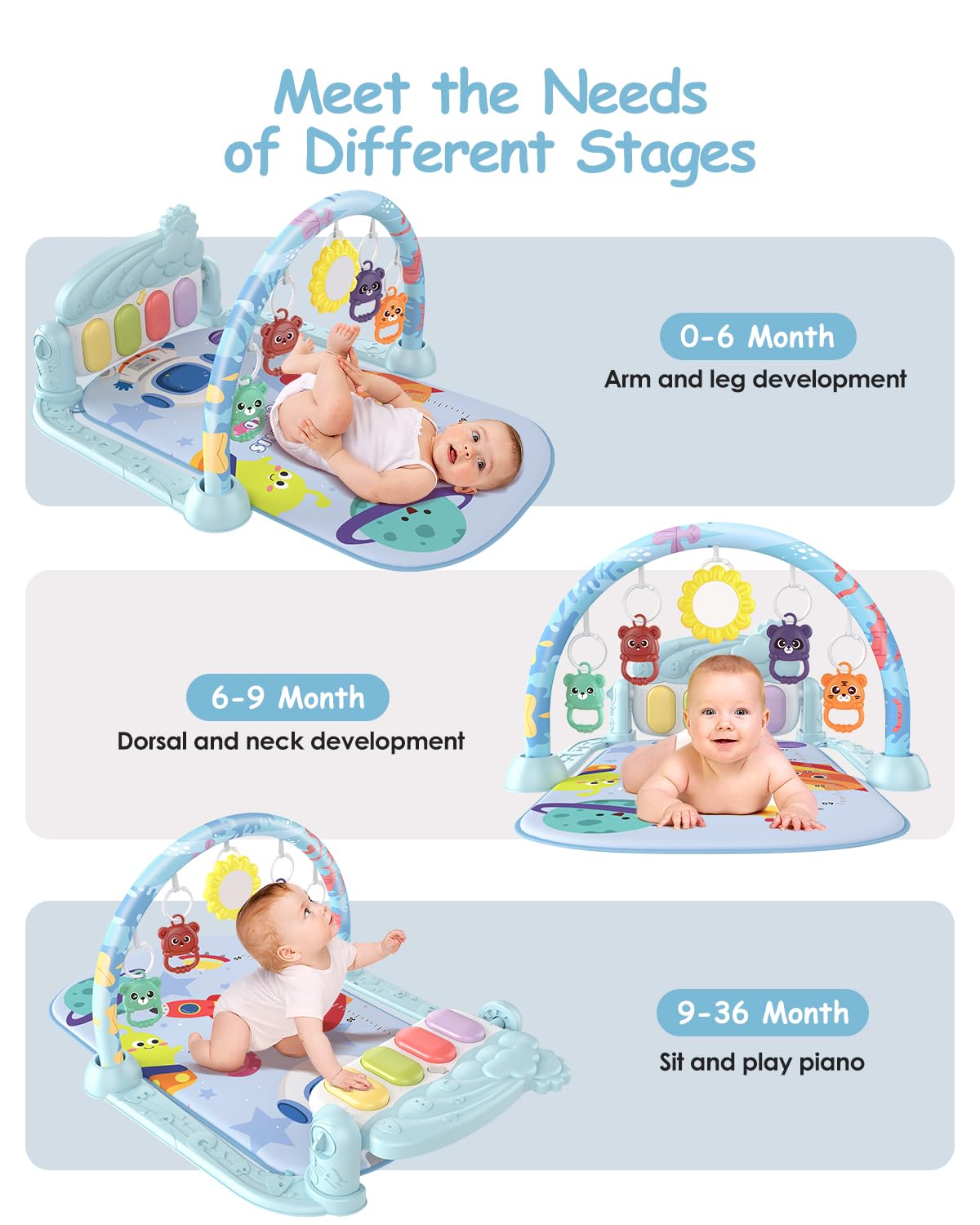 dearlomum Baby Gym Play Mat with 4-Key Musical Piano Play Activity Center with Hanging Toys Tummy Time Mat for Infants and Toddlers Lights Sounds and Sensory Development (Blue Space Theme) image 4 of 7 B0DZGNWF4Q