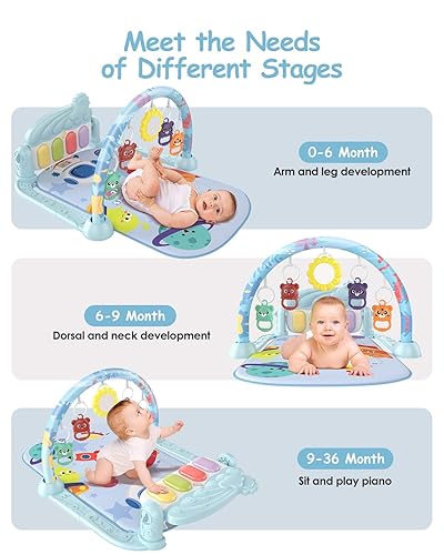 Miniatura 4 de dearlomum Alfombrilla de gimnasio para bebé con piano musical de 4 teclas, luces, sonidos y juguetes colgantes para el tiempo boca abajo y el