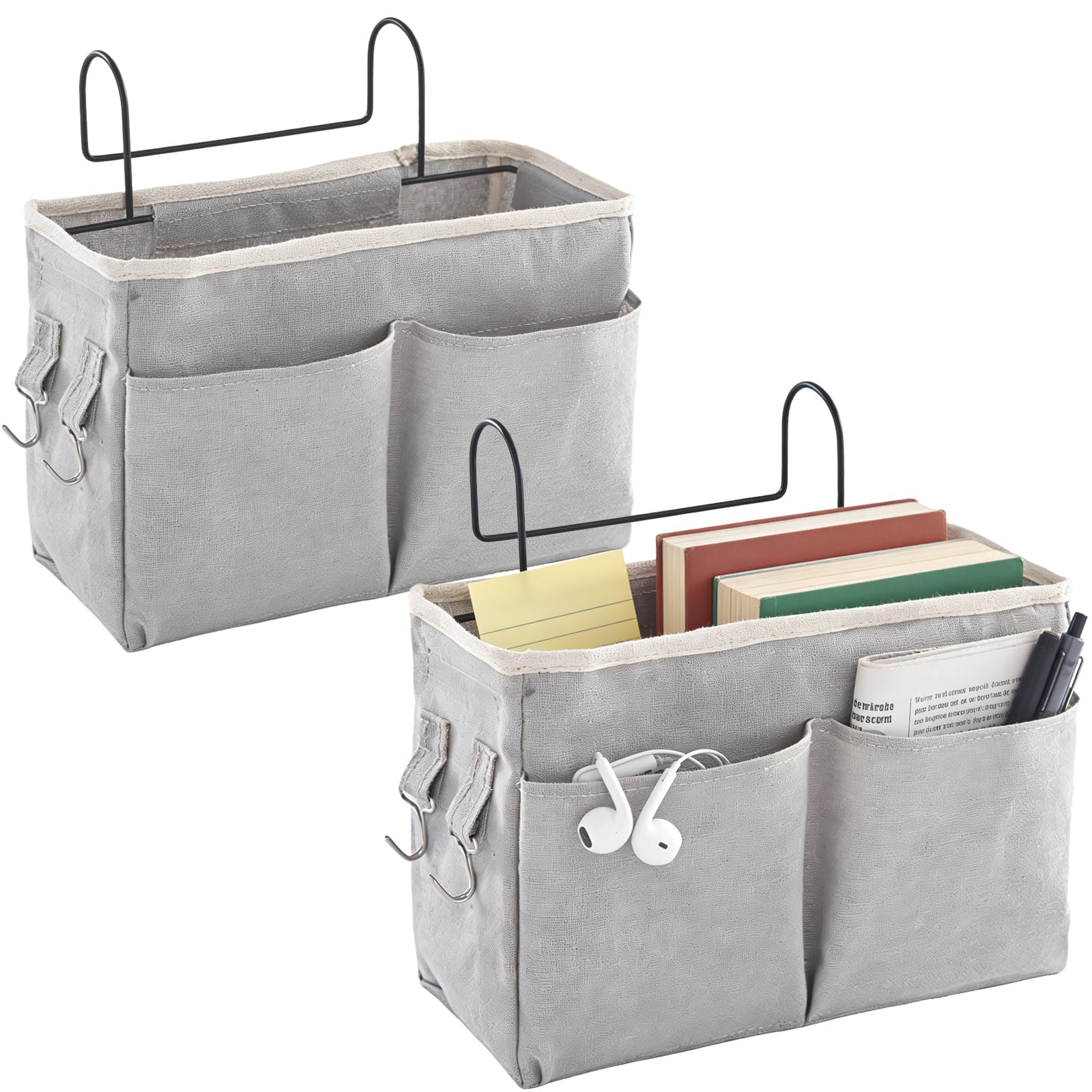 Itoyx 2 Pcs Bedside Caddy, Gray Oxford Fabric Hanging Storage Bag with Mesh Pocket and Hooks, 11x7.1x7.5 in Bedside Storage Pocket for Dorm Room, Bunk Bed