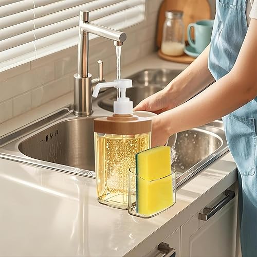 Miniatura 7 de Dispensador de jabón transparente con bomba a prueba de óxido, dispensador de jabón de plástico para manos para cocina y baño (grano de madera)