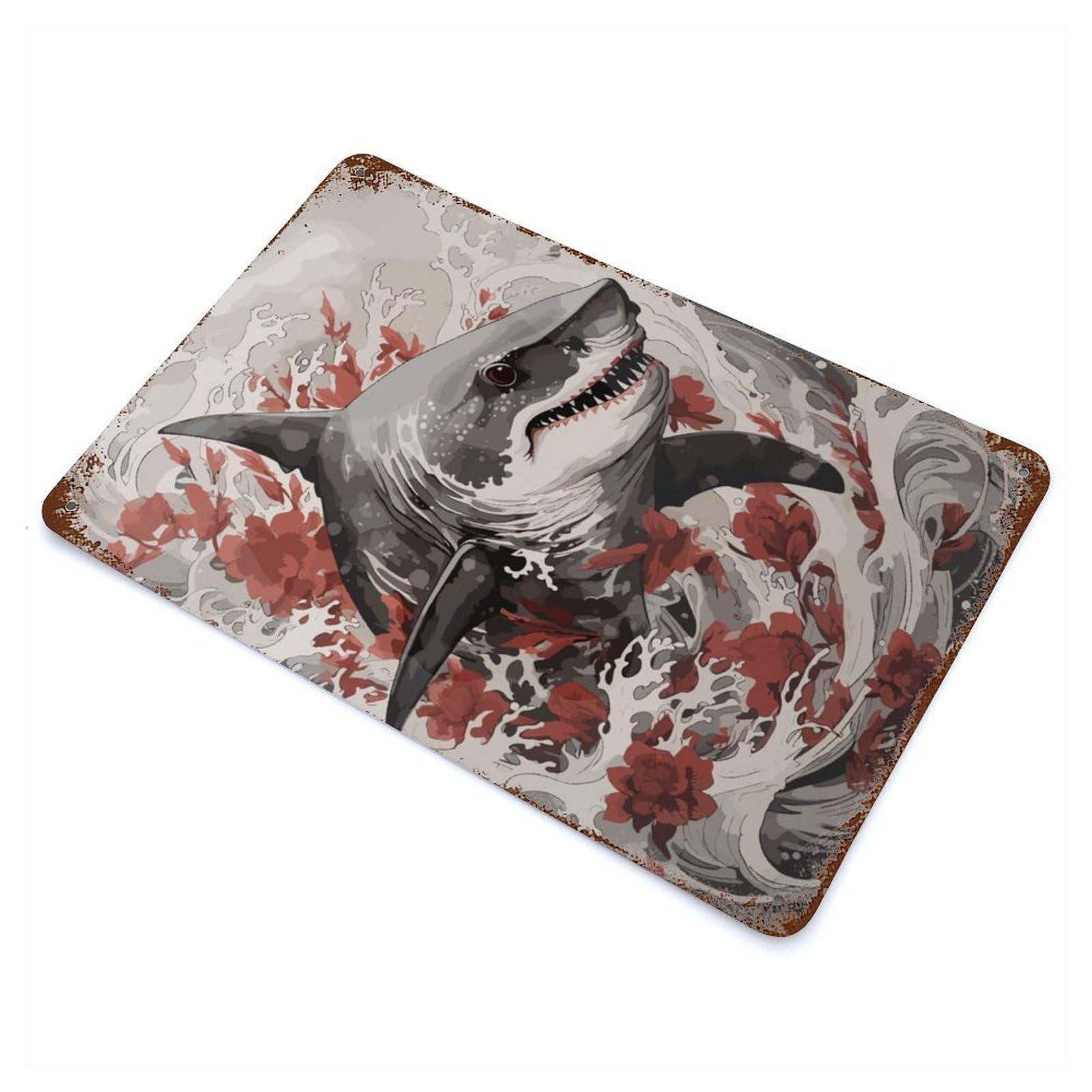 Shark Japanese Painting 11.8"x7.9" Vintage Rust Metal Sign, Shabby Chic Decor for Garage, Bar And Workshop Decor