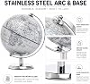14cm World Globe Silver - Mini Globe Educational/Geographic/Modern Desktop Decoration - Stainless Steel Arc and Base - Silver Grey